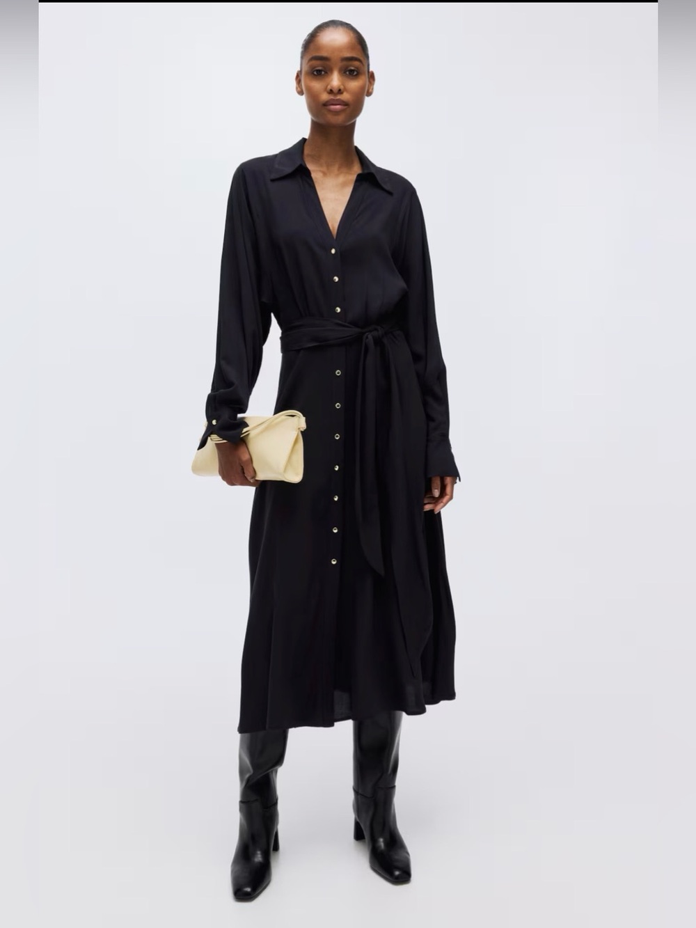 H&M Blue Button-Front Tie-Waist Midi Shirt Dress